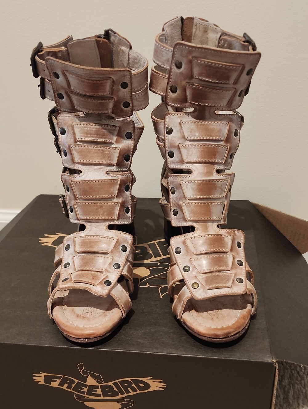 freebird Distressed Light Brown Strappy Open-Toe Heeled Gladiator Boots